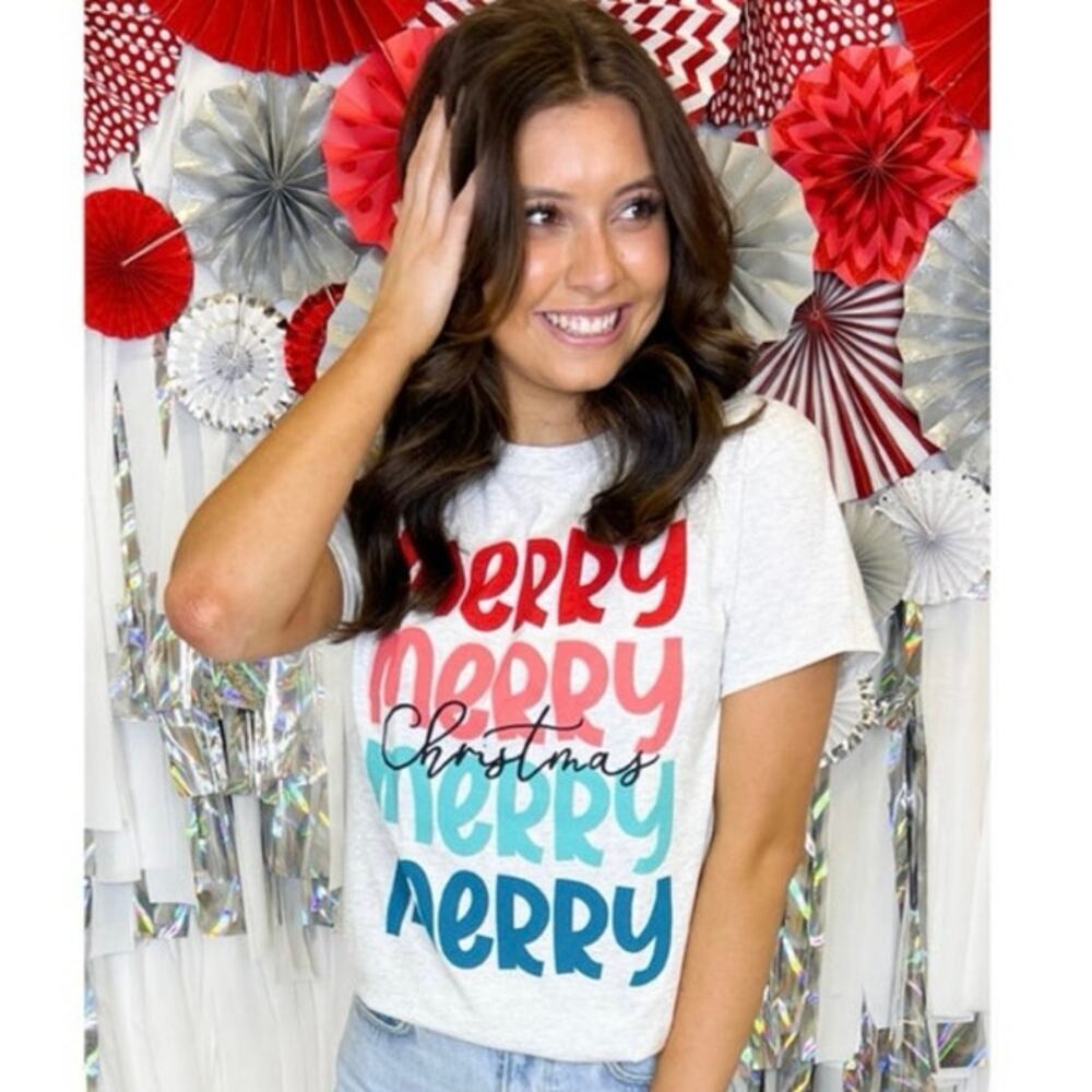NEW Gildan Merry Merry Christmas Tee Heather Gray Holiday Graphic Shirt Small
